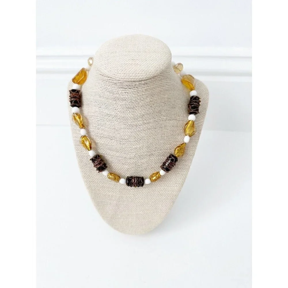 NWT Genuine Crystal & Glass Beaded Necklace Brown, Gold, White
